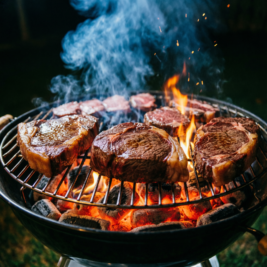 Parrilla con carbon encendido y cortes de carne